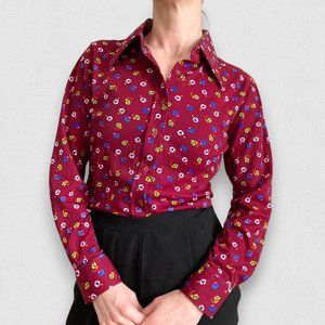 Vintage Floral Print Burgundy Retro 60's Button down Long sleeve Shirt